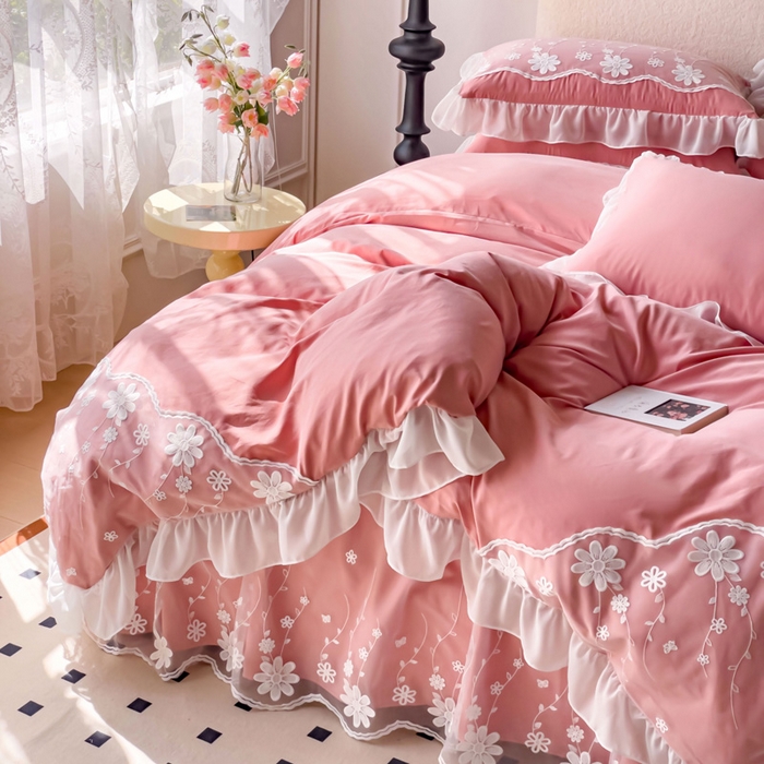 91家纺网 家纺一手货源 找家纺 睡美人 2026新款锦棉蕾丝款系列韩版公主风床裙四件套-花舞 花舞-锦豆沙