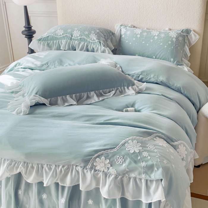 91家纺网 家纺一手货源 找家纺 睡美人 2026新款锦棉蕾丝款系列韩版公主风床裙四件套-花舞 花舞-青春兰