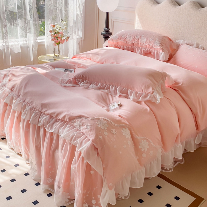 91家纺网 家纺一手货源 找家纺 睡美人 2026新款锦棉蕾丝款系列韩版公主风床裙四件套-花舞 花舞-蜜桃粉