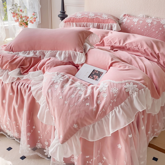 睡美人 2026新款锦棉蕾丝款系列韩版公主风床裙四件套-花舞 花舞-锦豆沙