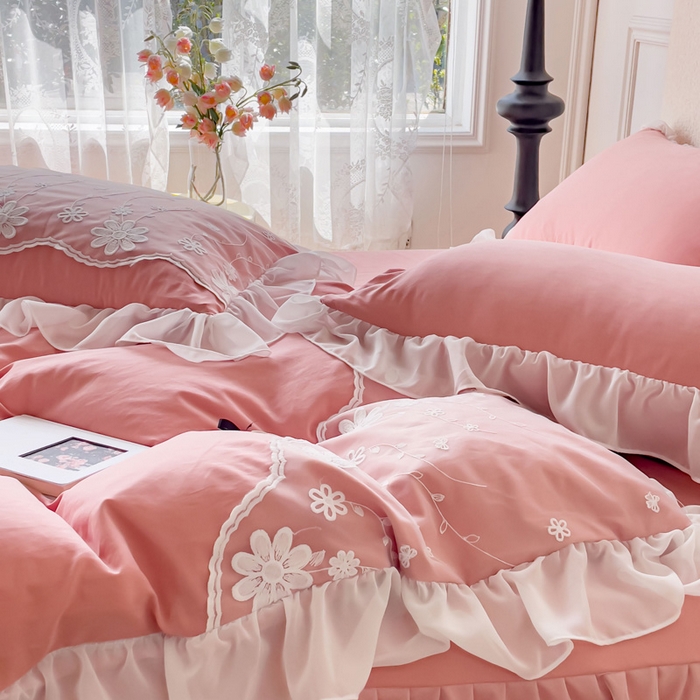 91家纺网 家纺一手货源 找家纺 睡美人 2026新款锦棉蕾丝款系列韩版公主风床裙四件套-花舞 花舞-锦豆沙