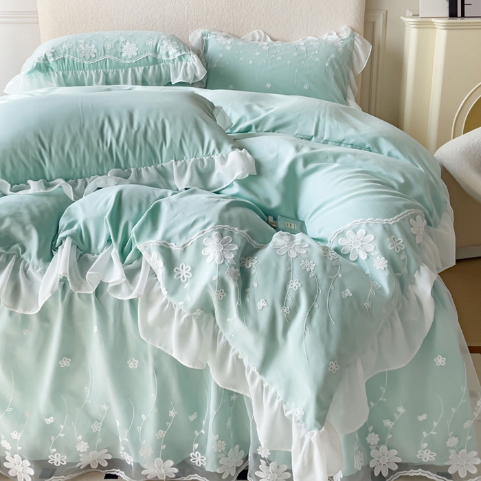 91家纺网 家纺一手货源 找家纺 睡美人 2026新款锦棉蕾丝款系列韩版公主风床裙四件套-花舞 花舞-嫩芽绿