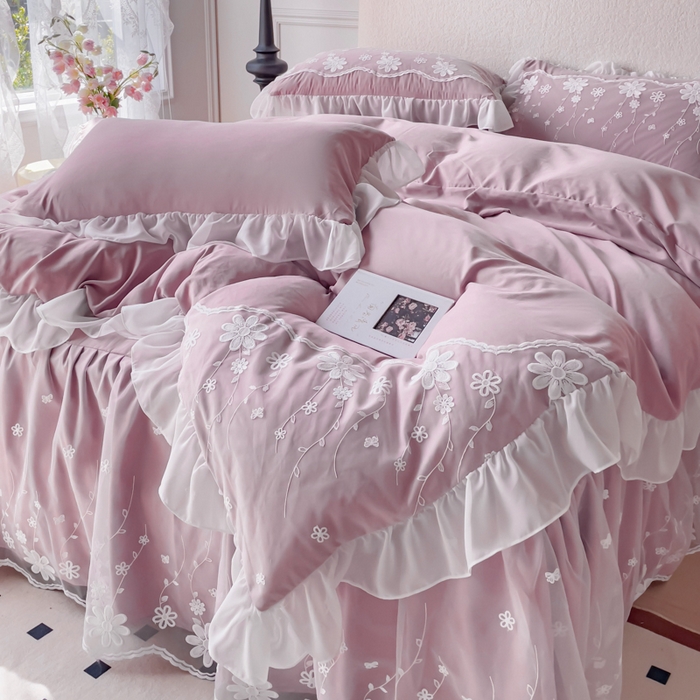 睡美人 2026新款锦棉蕾丝款系列韩版公主风床裙四件套-花舞 花舞-香叶紫