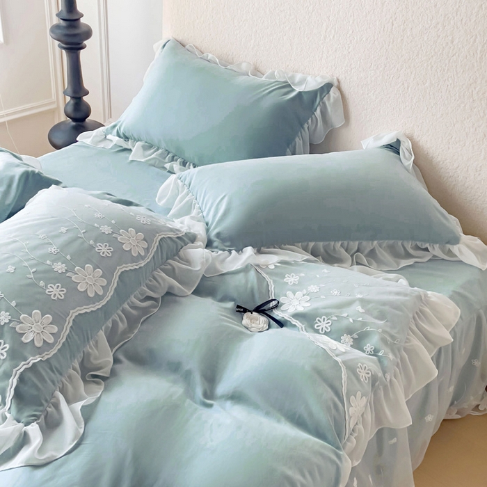 91家纺网 家纺一手货源 找家纺 睡美人 2026新款锦棉蕾丝款系列韩版公主风床裙四件套-花舞 花舞-青春兰