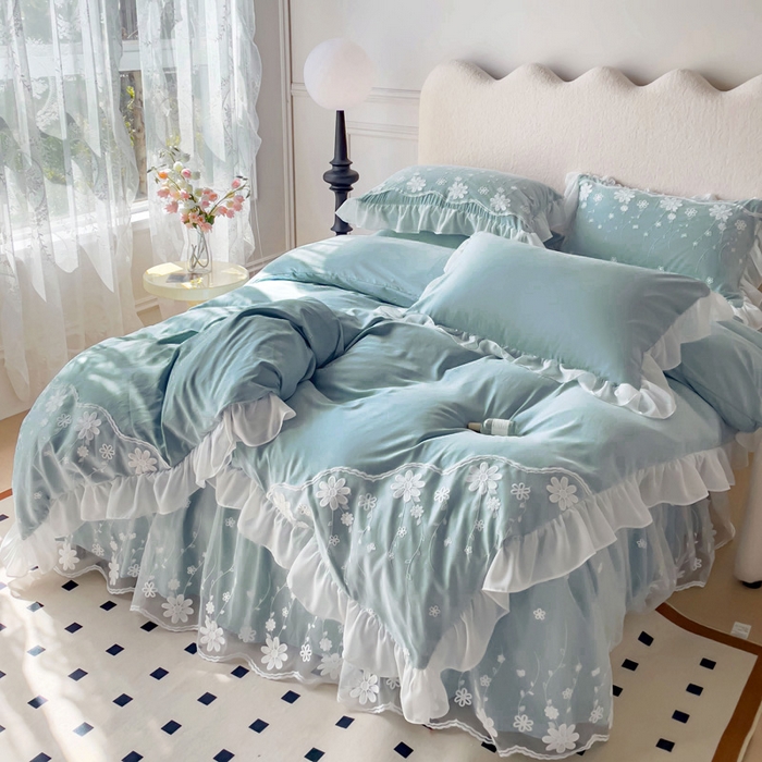 91家纺网 家纺一手货源 找家纺 睡美人 2026新款锦棉蕾丝款系列韩版公主风床裙四件套-花舞 花舞-青春兰