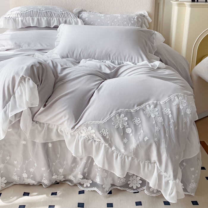 91家纺网 家纺一手货源 找家纺 睡美人 2026新款锦棉蕾丝款系列韩版公主风床裙四件套-花舞 花舞-香槟灰