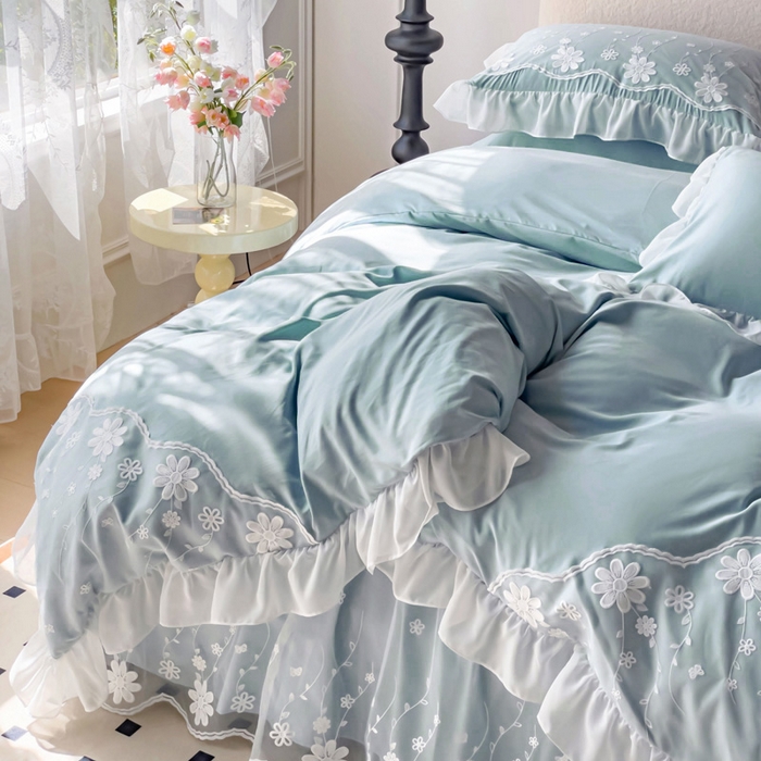 91家纺网 家纺一手货源 找家纺 睡美人 2026新款锦棉蕾丝款系列韩版公主风床裙四件套-花舞 花舞-青春兰