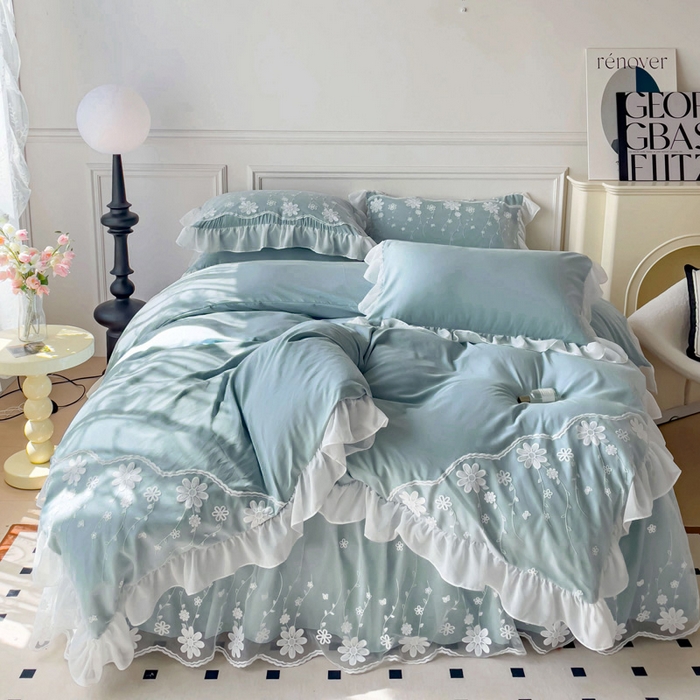 91家纺网 家纺一手货源 找家纺 睡美人 2026新款锦棉蕾丝款系列韩版公主风床裙四件套-花舞 花舞-青春兰