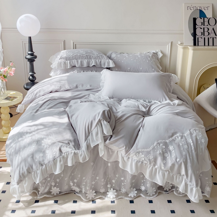 91家纺网 家纺一手货源 找家纺 睡美人 2026新款锦棉蕾丝款系列韩版公主风床裙四件套-花舞 花舞-香槟灰