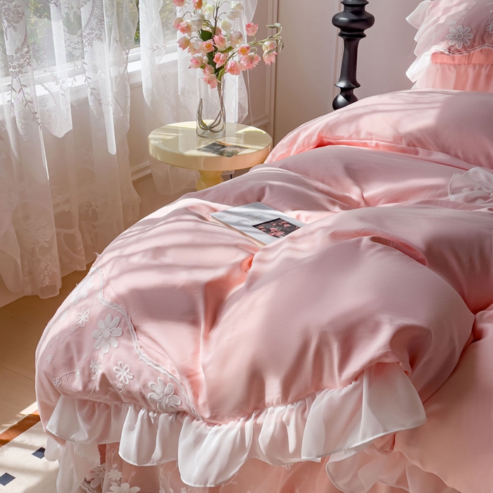 91家纺网 家纺一手货源 找家纺 睡美人 2026新款锦棉蕾丝款系列韩版公主风床裙四件套-花舞 花舞-蜜桃粉