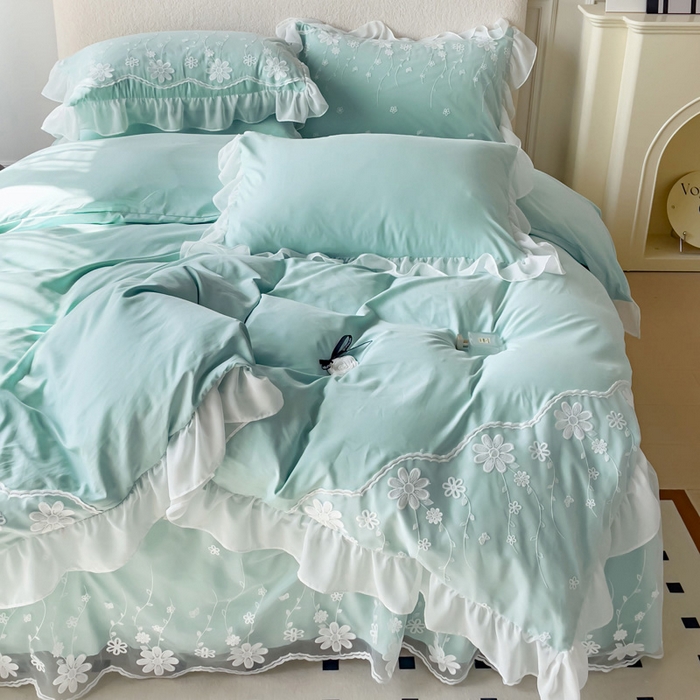 91家纺网 家纺一手货源 找家纺 睡美人 2026新款锦棉蕾丝款系列韩版公主风床裙四件套-花舞 花舞-嫩芽绿