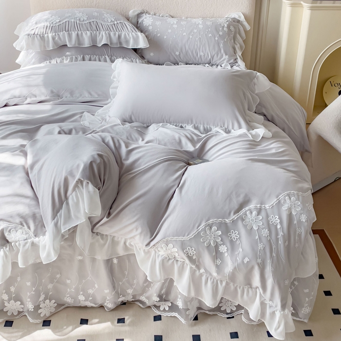 91家纺网 家纺一手货源 找家纺 睡美人 2026新款锦棉蕾丝款系列韩版公主风床裙四件套-花舞 花舞-香槟灰