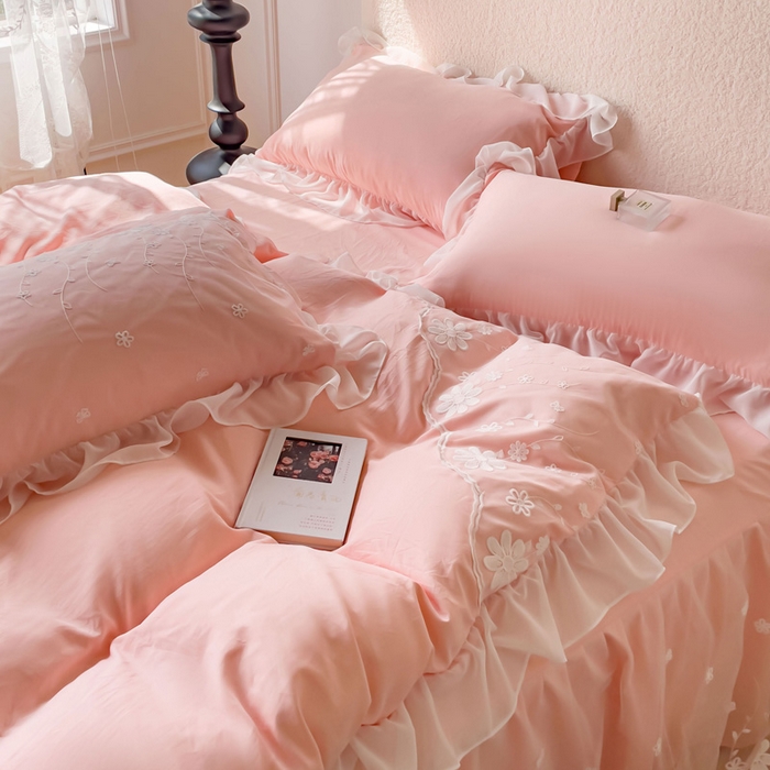 91家纺网 家纺一手货源 找家纺 睡美人 2026新款锦棉蕾丝款系列韩版公主风床裙四件套-花舞 花舞-蜜桃粉