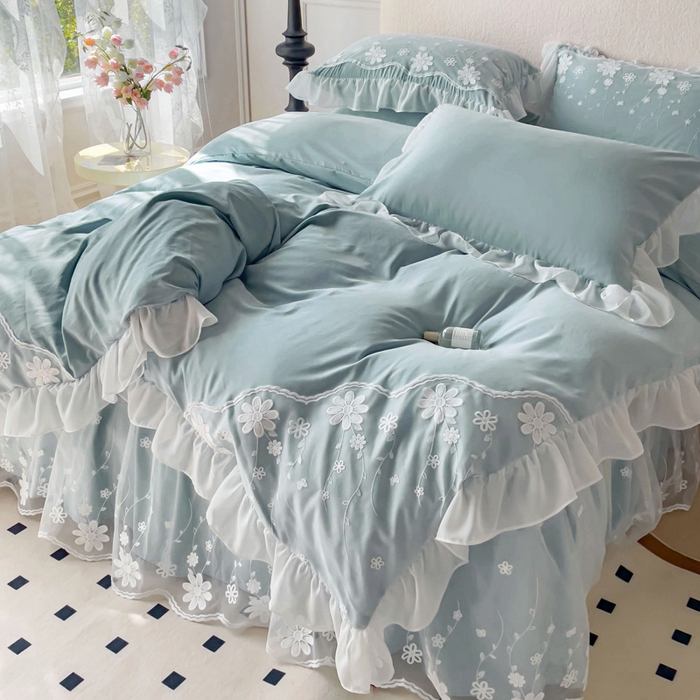 91家纺网 家纺一手货源 找家纺 睡美人 2026新款锦棉蕾丝款系列韩版公主风床裙四件套-花舞 花舞-青春兰