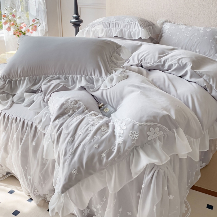 91家纺网 家纺一手货源 找家纺 睡美人 2026新款锦棉蕾丝款系列韩版公主风床裙四件套-花舞 花舞-香槟灰