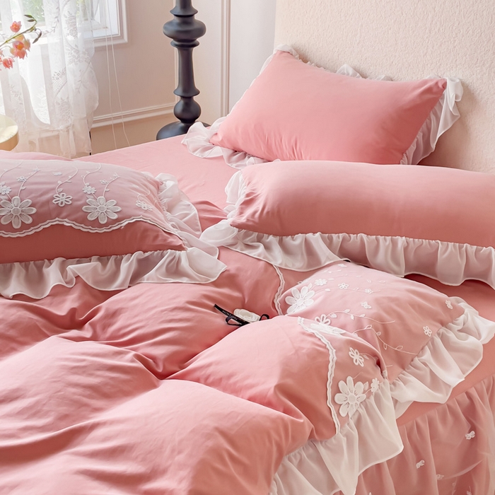 91家纺网 家纺一手货源 找家纺 睡美人 2026新款锦棉蕾丝款系列韩版公主风床裙四件套-花舞 花舞-锦豆沙