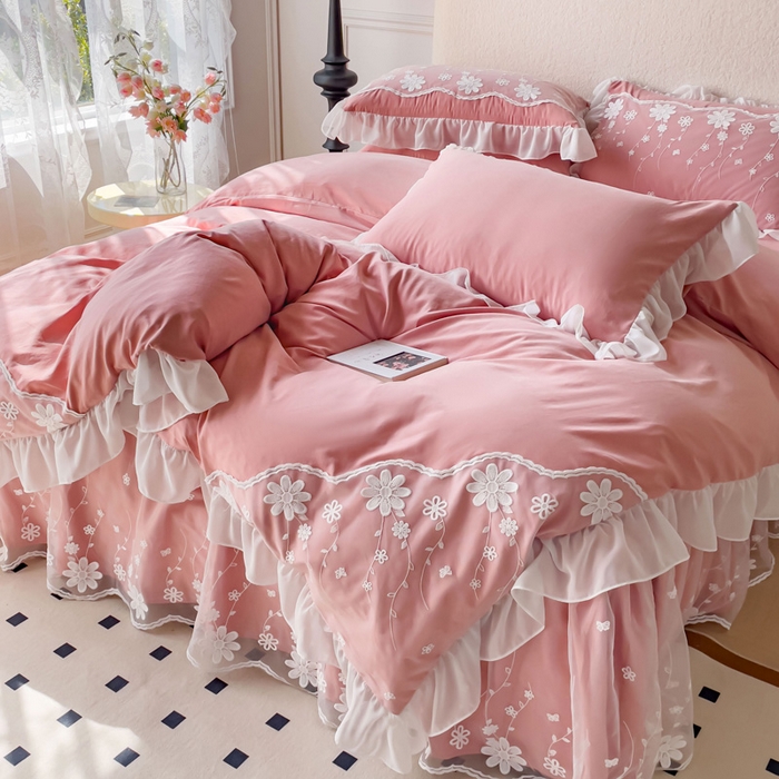 91家纺网 家纺一手货源 找家纺 睡美人 2026新款锦棉蕾丝款系列韩版公主风床裙四件套-花舞 花舞-锦豆沙