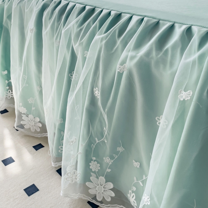 91家纺网 家纺一手货源 找家纺 睡美人 2026新款锦棉蕾丝款系列韩版公主风床裙四件套-花舞 花舞-嫩芽绿