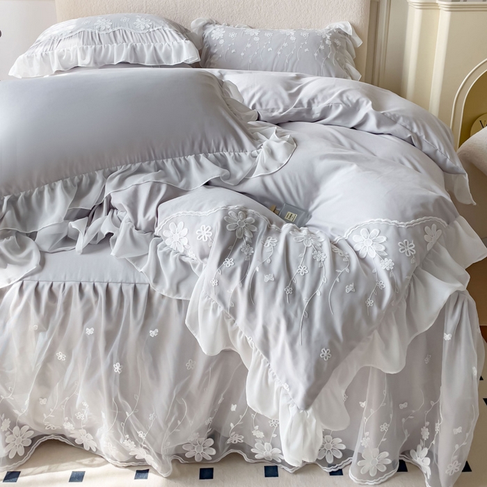 91家纺网 家纺一手货源 找家纺 睡美人 2026新款锦棉蕾丝款系列韩版公主风床裙四件套-花舞 花舞-香槟灰