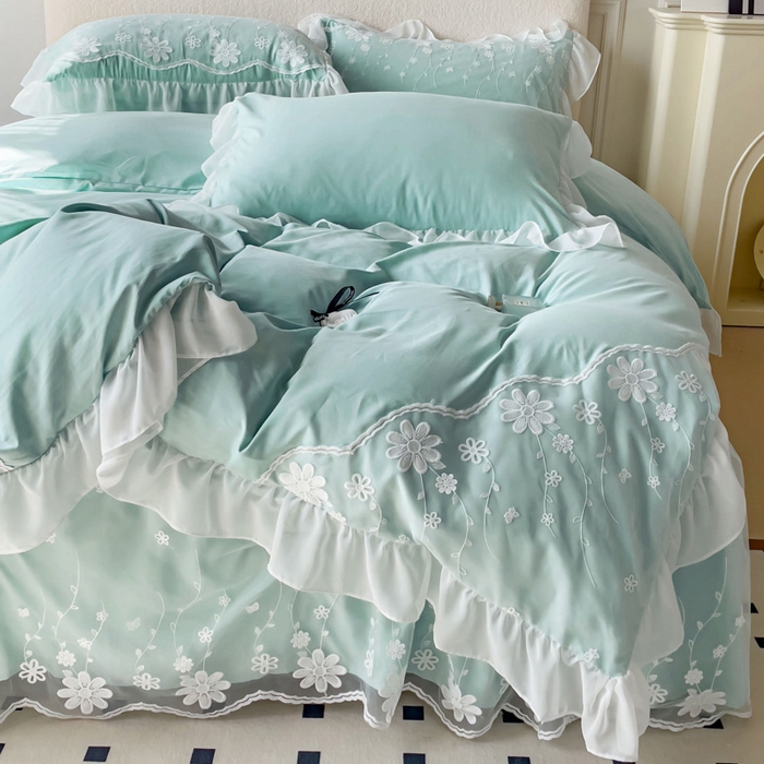 91家纺网 家纺一手货源 找家纺 睡美人 2026新款锦棉蕾丝款系列韩版公主风床裙四件套-花舞 花舞-嫩芽绿