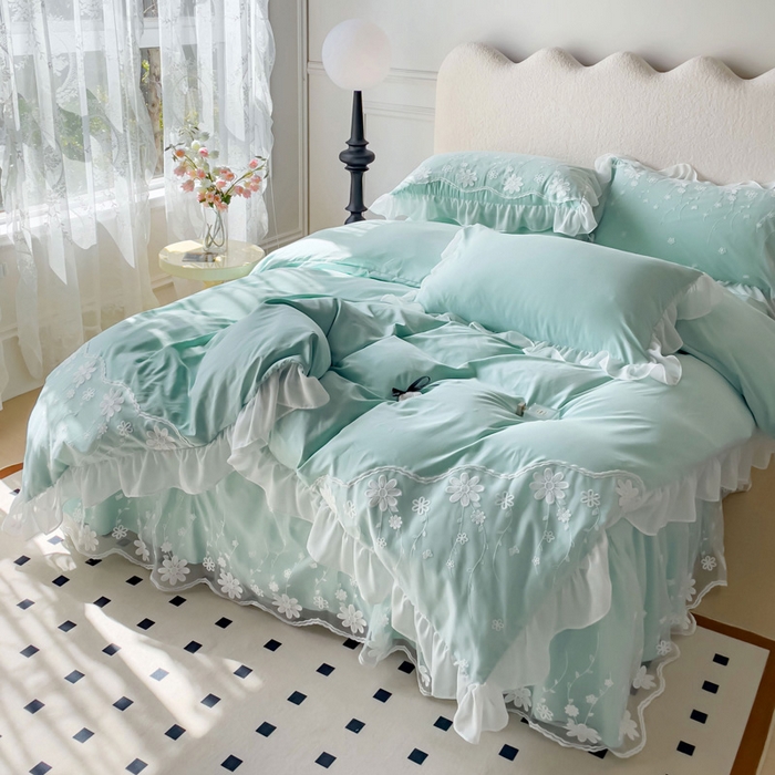 91家纺网 家纺一手货源 找家纺 睡美人 2026新款锦棉蕾丝款系列韩版公主风床裙四件套-花舞 花舞-嫩芽绿