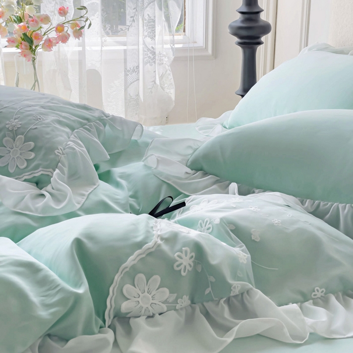 91家纺网 家纺一手货源 找家纺 睡美人 2026新款锦棉蕾丝款系列韩版公主风床裙四件套-花舞 花舞-嫩芽绿