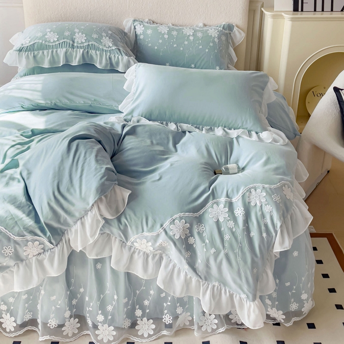 91家纺网 家纺一手货源 找家纺 睡美人 2026新款锦棉蕾丝款系列韩版公主风床裙四件套-花舞 花舞-青春兰