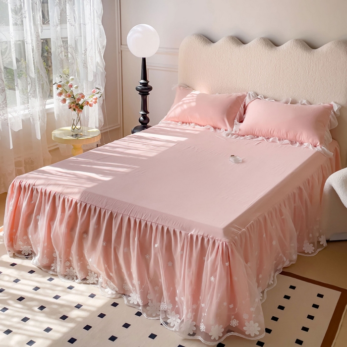 91家纺网 家纺一手货源 找家纺 睡美人 2026新款锦棉蕾丝款系列韩版公主风床裙四件套-花舞 花舞-蜜桃粉