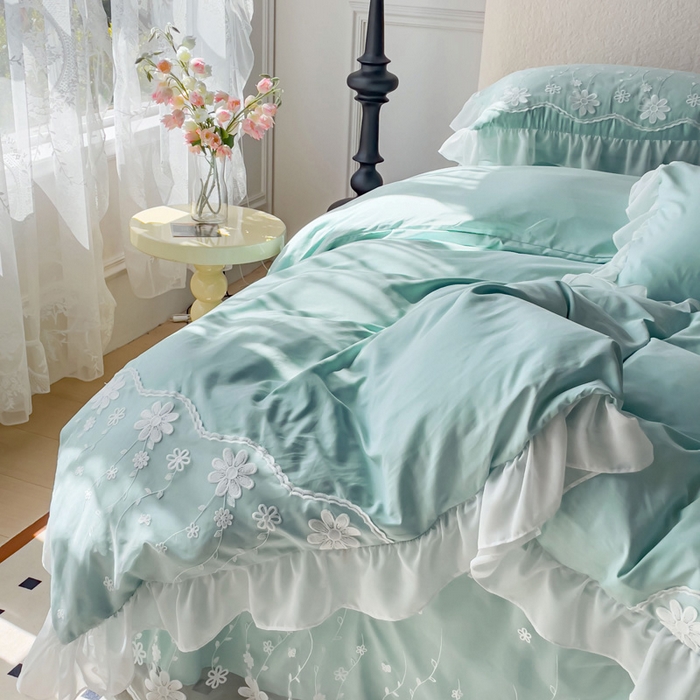 91家纺网 家纺一手货源 找家纺 睡美人 2026新款锦棉蕾丝款系列韩版公主风床裙四件套-花舞 花舞-嫩芽绿