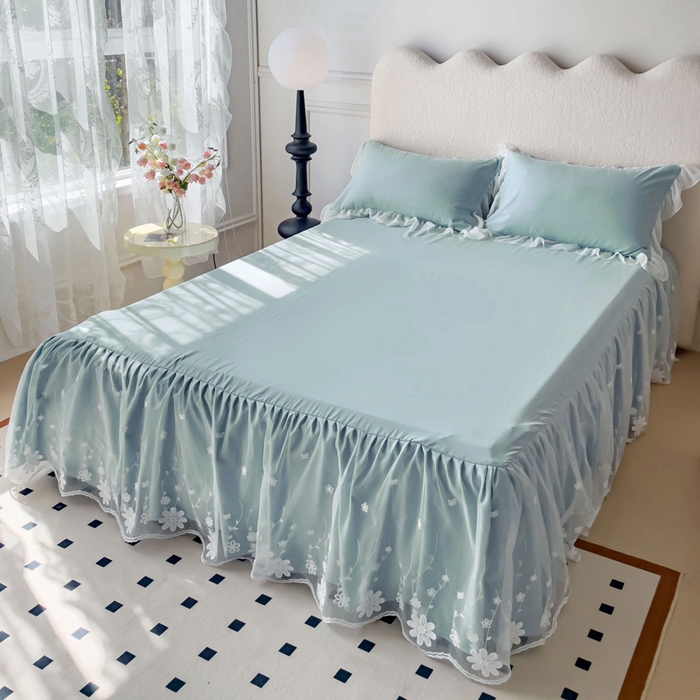 91家纺网 家纺一手货源 找家纺 睡美人 2026新款锦棉蕾丝款系列韩版公主风床裙四件套-花舞 花舞-青春兰