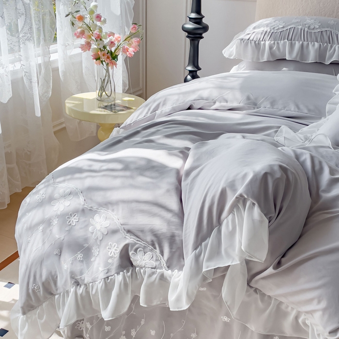 91家纺网 家纺一手货源 找家纺 睡美人 2026新款锦棉蕾丝款系列韩版公主风床裙四件套-花舞 花舞-香槟灰