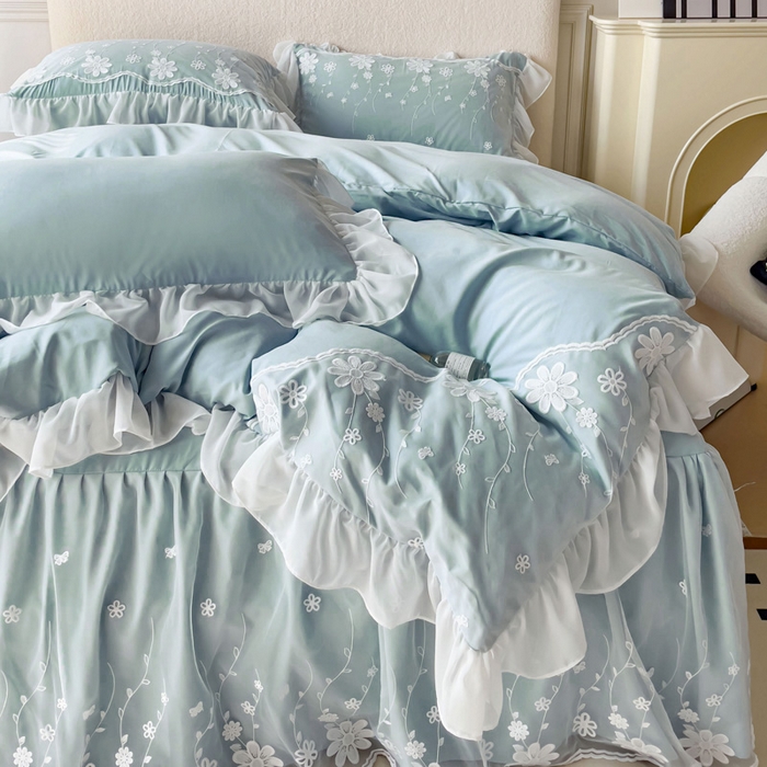 91家纺网 家纺一手货源 找家纺 睡美人 2026新款锦棉蕾丝款系列韩版公主风床裙四件套-花舞 花舞-青春兰