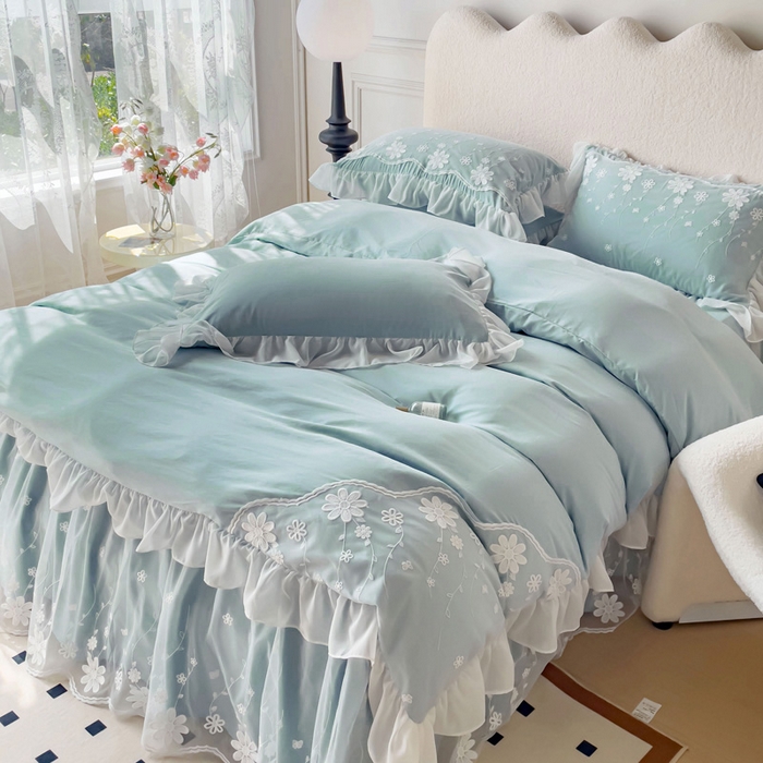 91家纺网 家纺一手货源 找家纺 睡美人 2026新款锦棉蕾丝款系列韩版公主风床裙四件套-花舞 花舞-青春兰