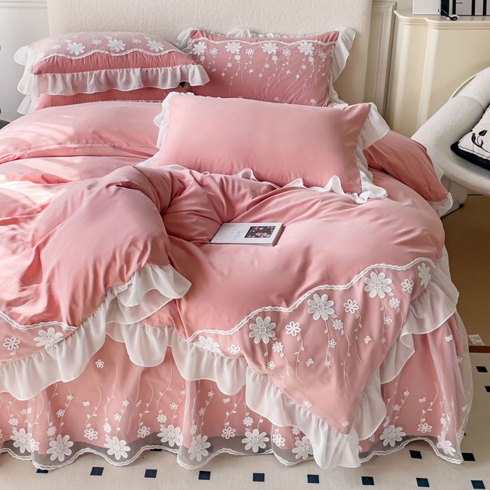 91家纺网 家纺一手货源 找家纺 睡美人 2026新款锦棉蕾丝款系列韩版公主风床裙四件套-花舞 花舞-锦豆沙