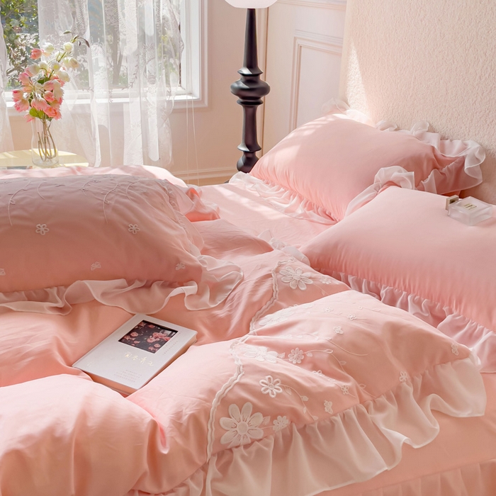 91家纺网 家纺一手货源 找家纺 睡美人 2026新款锦棉蕾丝款系列韩版公主风床裙四件套-花舞 花舞-蜜桃粉