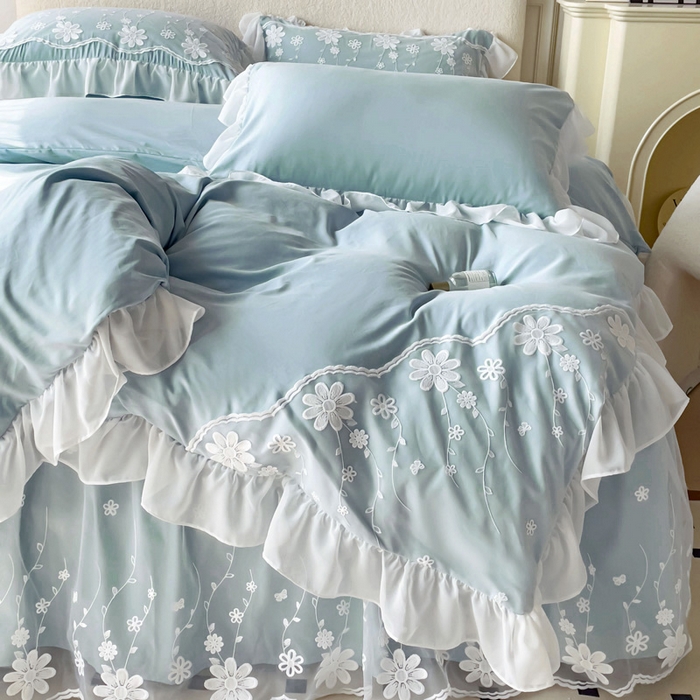 91家纺网 家纺一手货源 找家纺 睡美人 2026新款锦棉蕾丝款系列韩版公主风床裙四件套-花舞 花舞-青春兰