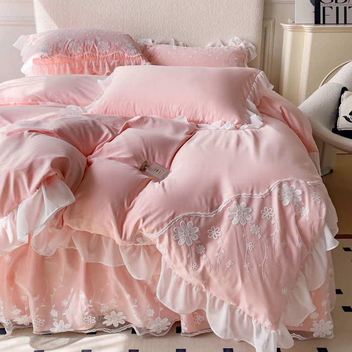 91家纺网 家纺一手货源 找家纺 睡美人 2026新款锦棉蕾丝款系列韩版公主风床裙四件套-花舞 花舞-蜜桃粉
