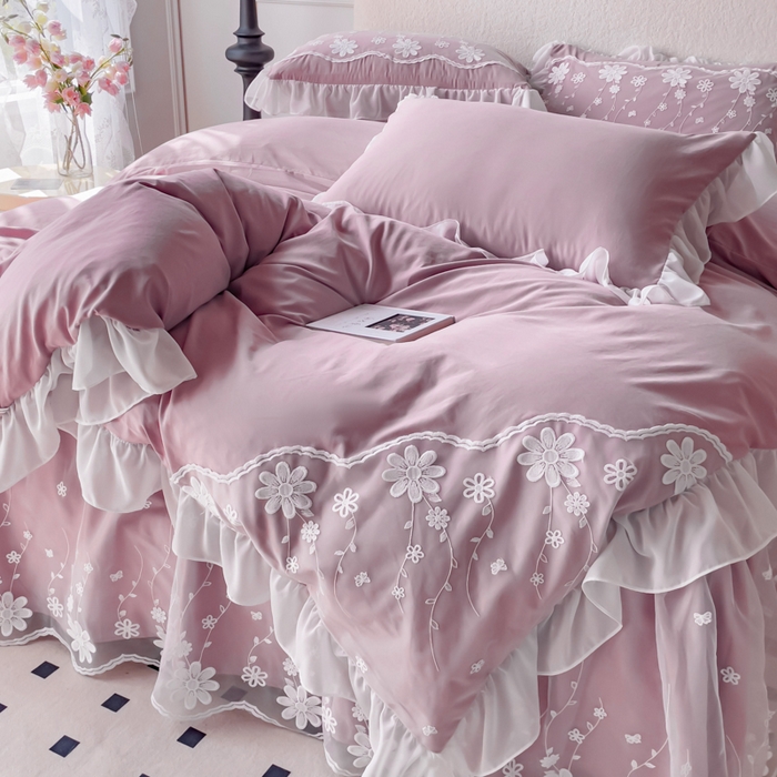 91家纺网 家纺一手货源 找家纺 睡美人 2026新款锦棉蕾丝款系列韩版公主风床裙四件套-花舞 花舞-香叶紫