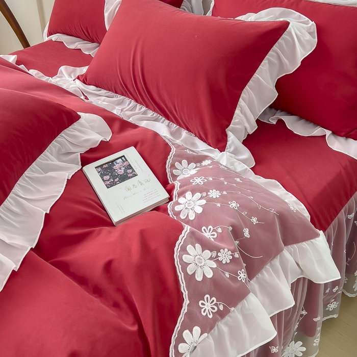 91家纺网 家纺一手货源 找家纺 睡美人 2026新款锦棉蕾丝款系列韩版公主风床裙四件套-花舞 花舞-胭脂红