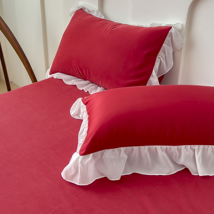 91家纺网 家纺一手货源 找家纺 睡美人 2026新款锦棉蕾丝款系列韩版公主风床裙四件套-花舞 花舞-胭脂红