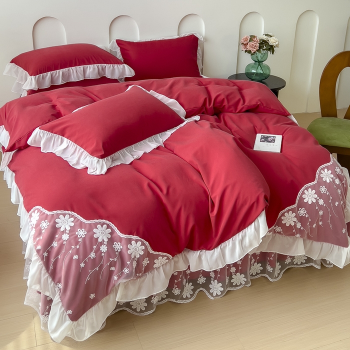 91家纺网 家纺一手货源 找家纺 睡美人 2026新款锦棉蕾丝款系列韩版公主风床裙四件套-花舞 花舞-胭脂红