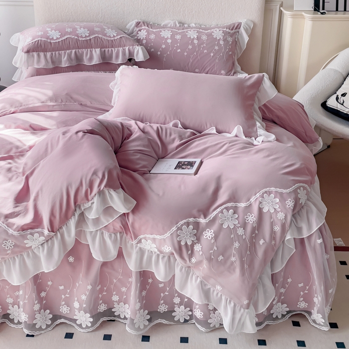 91家纺网 家纺一手货源 找家纺 睡美人 2026新款锦棉蕾丝款系列韩版公主风床裙四件套-花舞 花舞-香叶紫