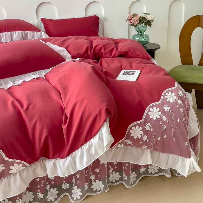 91家纺网 家纺一手货源 找家纺 睡美人 2026新款锦棉蕾丝款系列韩版公主风床裙四件套-花舞 花舞-胭脂红