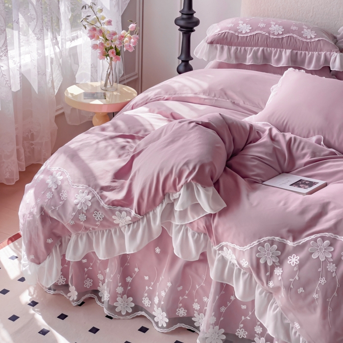 91家纺网 家纺一手货源 找家纺 睡美人 2026新款锦棉蕾丝款系列韩版公主风床裙四件套-花舞 花舞-香叶紫