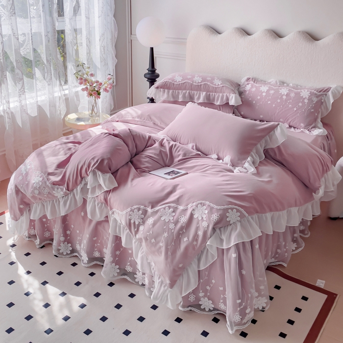 91家纺网 家纺一手货源 找家纺 睡美人 2026新款锦棉蕾丝款系列韩版公主风床裙四件套-花舞 花舞-香叶紫