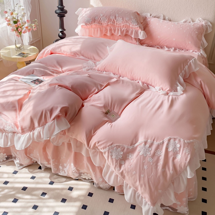 91家纺网 家纺一手货源 找家纺 睡美人 2026新款锦棉蕾丝款系列韩版公主风床裙四件套-花舞 花舞-蜜桃粉