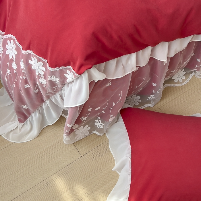 91家纺网 家纺一手货源 找家纺 睡美人 2026新款锦棉蕾丝款系列韩版公主风床裙四件套-花舞 花舞-胭脂红