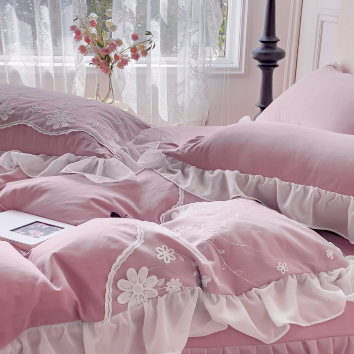 91家纺网 家纺一手货源 找家纺 睡美人 2026新款锦棉蕾丝款系列韩版公主风床裙四件套-花舞 花舞-香叶紫