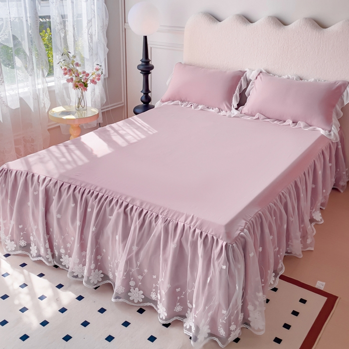 91家纺网 家纺一手货源 找家纺 睡美人 2026新款锦棉蕾丝款系列韩版公主风床裙四件套-花舞 花舞-香叶紫