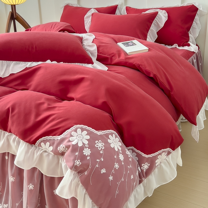 91家纺网 家纺一手货源 找家纺 睡美人 2026新款锦棉蕾丝款系列韩版公主风床裙四件套-花舞 花舞-胭脂红